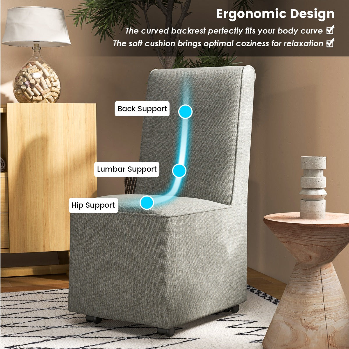 LIVSK Accentstoel - Ergonomisch Design met Weerstandswielen - Afneembare Hoes - 47 x 60,5 x 98 cm - Grijs