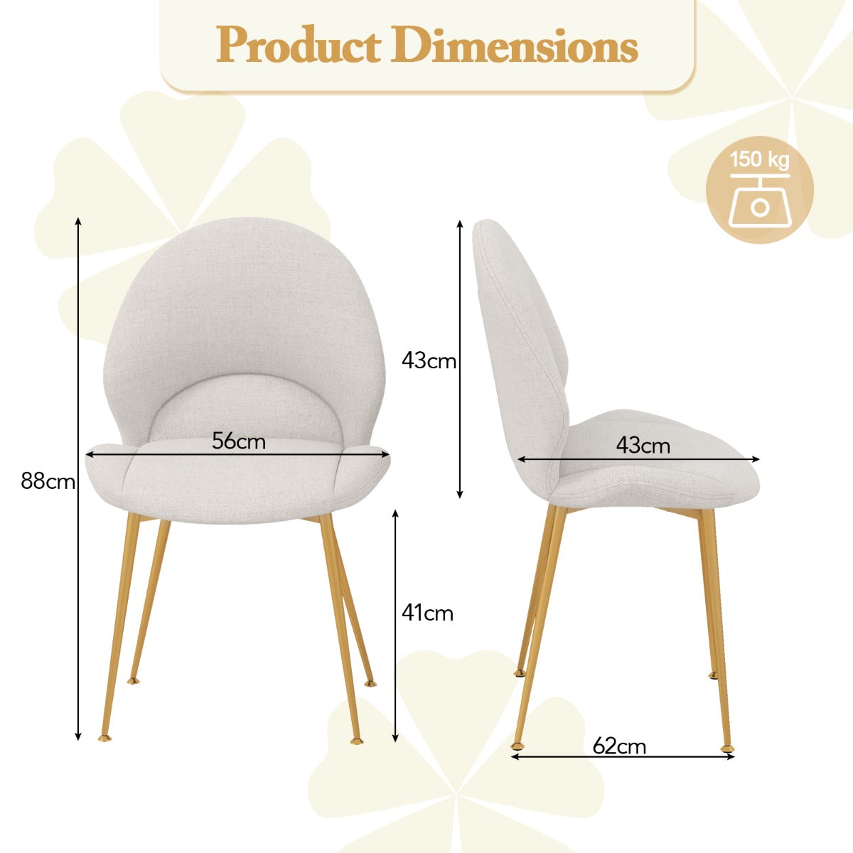 LIVSK Ergonomische Eetkamerstoelen - Comfortabele Rugleuning - Schuimgevulde Zitting - Stabiel Metalen Frame - 62 x 56 x 88 cm -