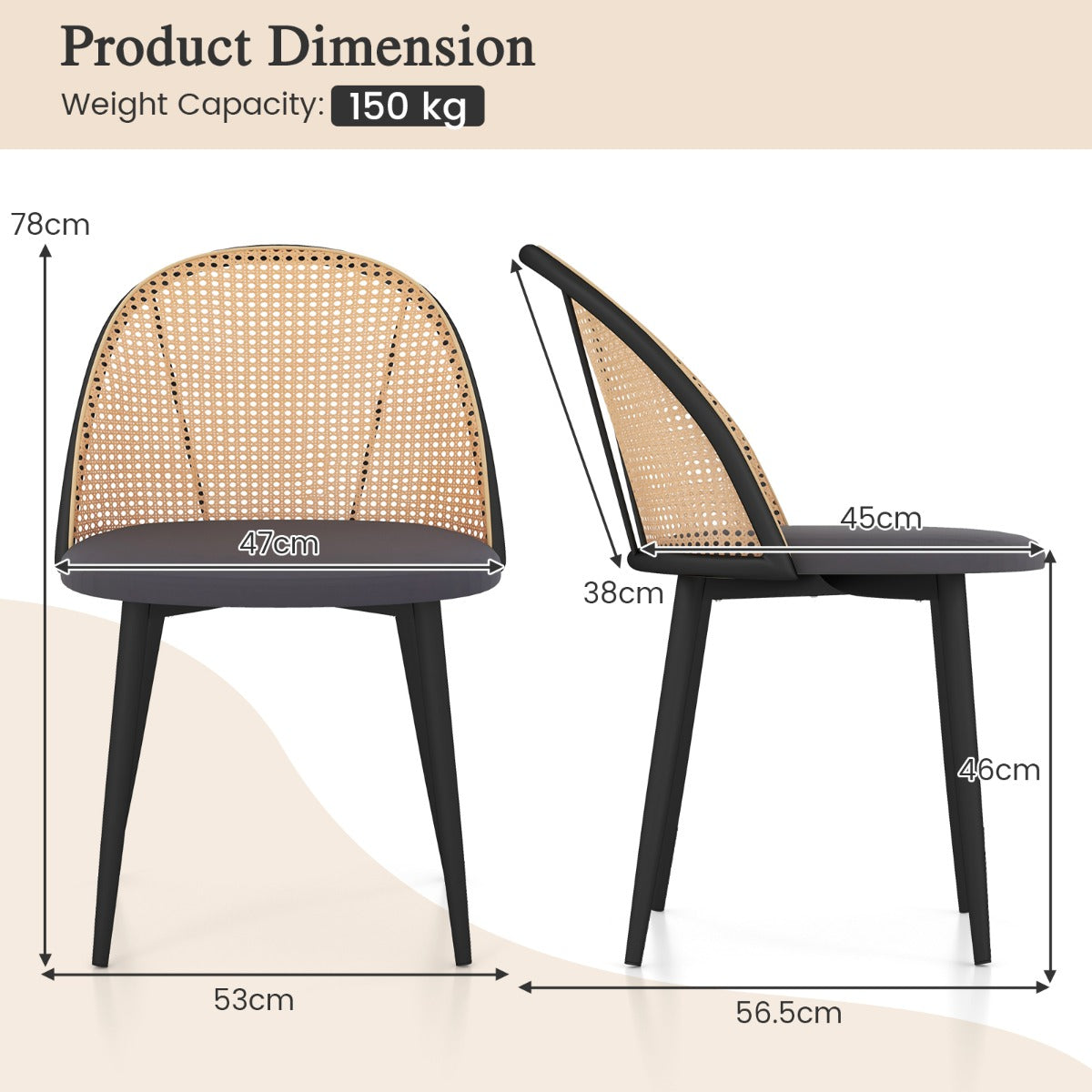 LIVSK Eetkamerstoelen met Mesh Rieten Rugleuning - Ergonomisch Design - Stabiele Metalen Poten - Comfortabele PU-Leren Zitting -
