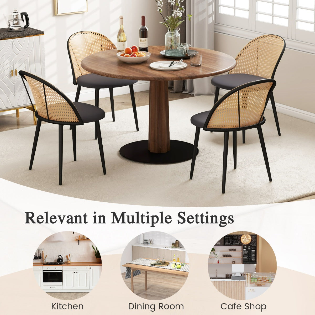 LIVSK Eetkamerstoelen met Mesh Rieten Rugleuning - Ergonomisch Design - Stabiele Metalen Poten - Comfortabele PU-Leren Zitting -