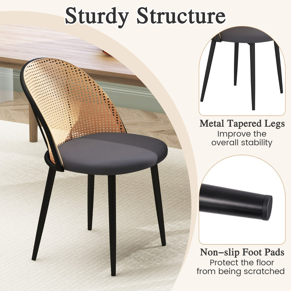 LIVSK Eetkamerstoelen met Mesh Rieten Rugleuning - Ergonomisch Design - Stabiele Metalen Poten - Comfortabele PU-Leren Zitting -
