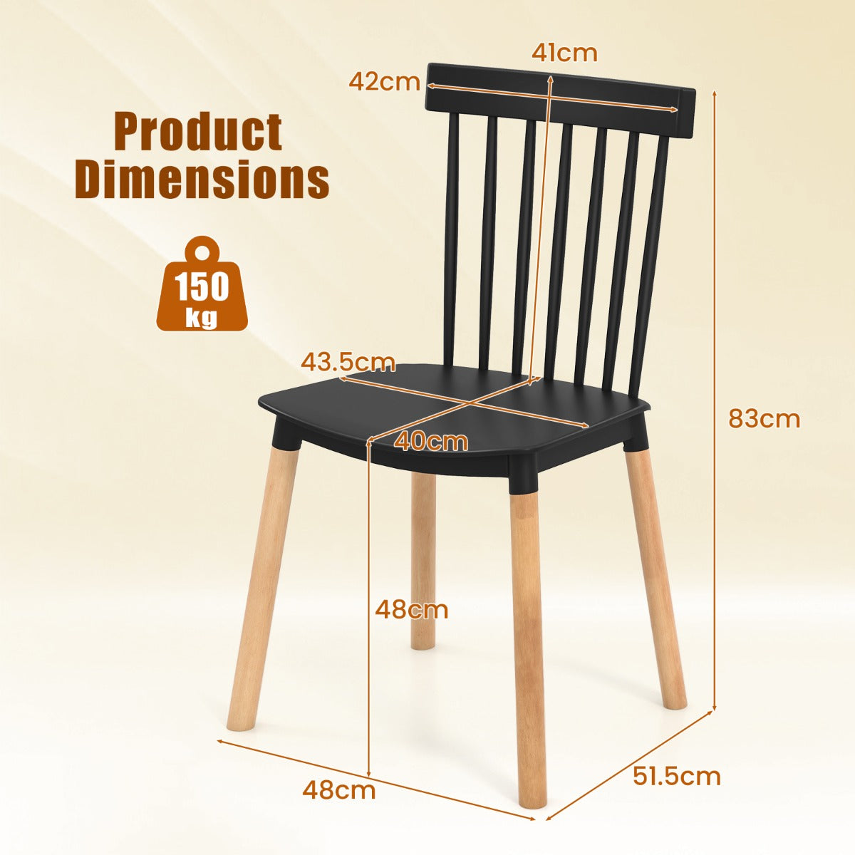LIVSK Windsor Eetkamerstoelen Set van 4 - Beukenhouten Poten - Ergonomisch - Antislip - Tot 150 kg - Zwart
