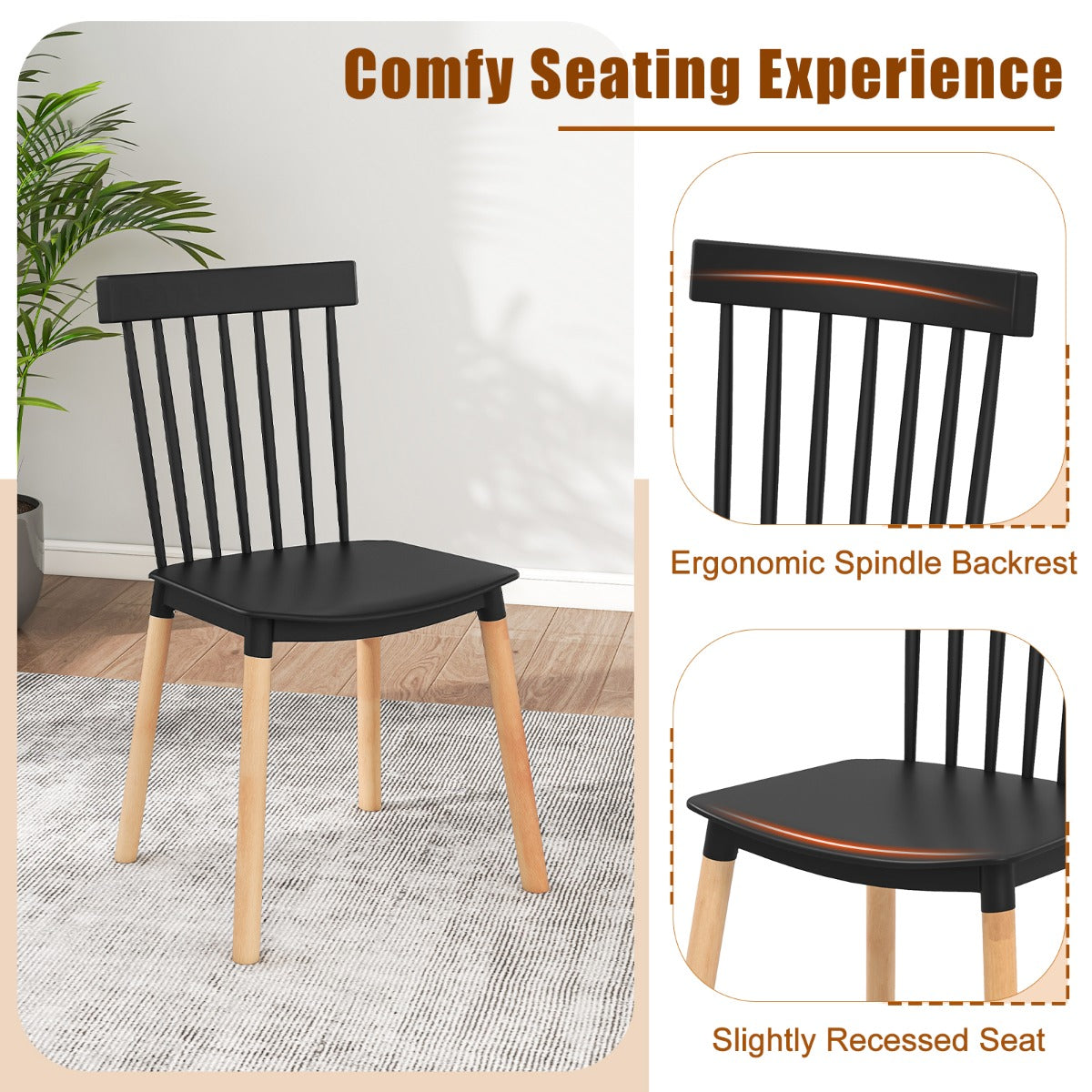 LIVSK Windsor Eetkamerstoelen Set van 4 - Beukenhouten Poten - Ergonomisch - Antislip - Tot 150 kg - Zwart
