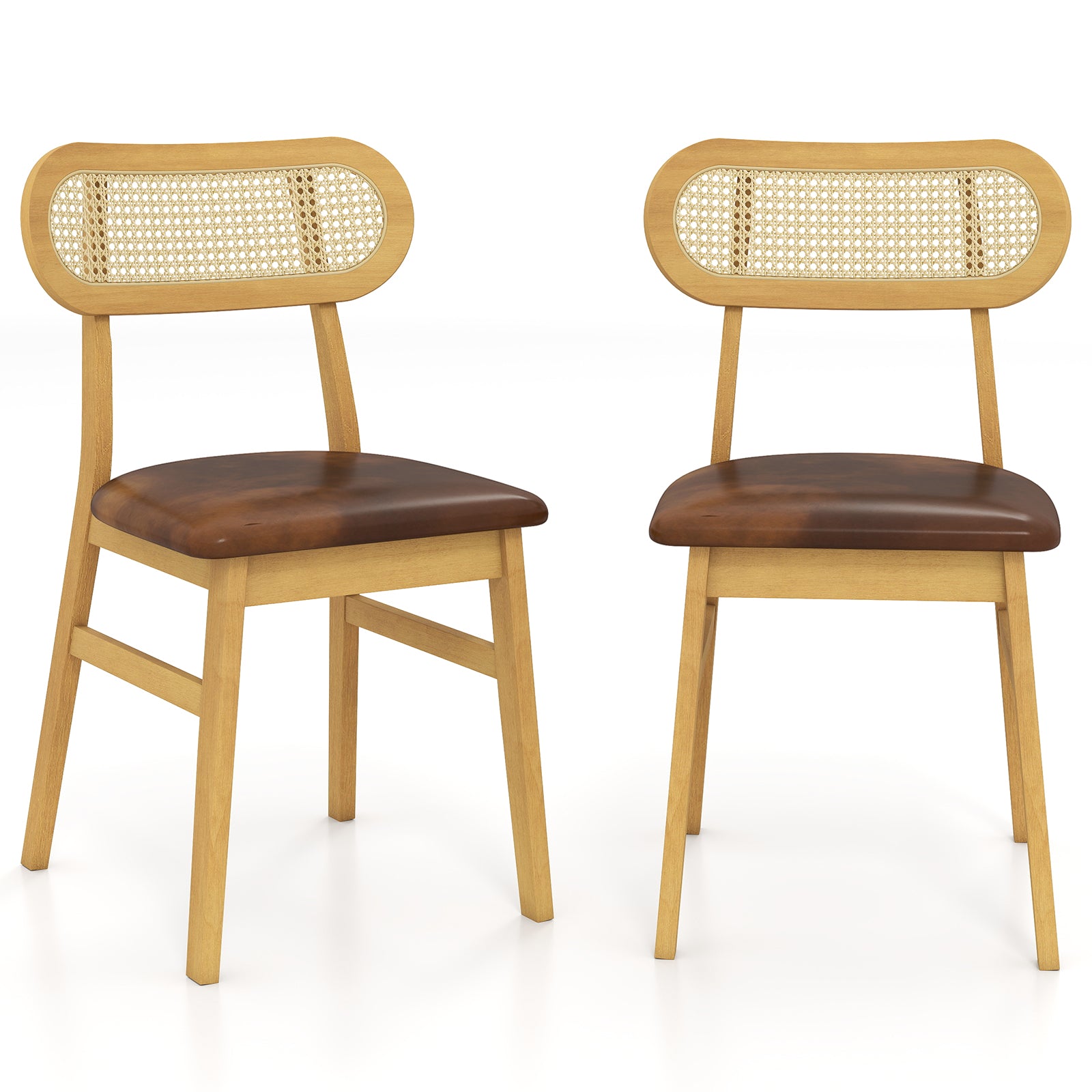 LIVSK 2-delige Eetkamerstoelen Set - Rubberhout met Gevoerde Zitting - Geweven Rieten Rugleuning - Voor Binnen - Bruin