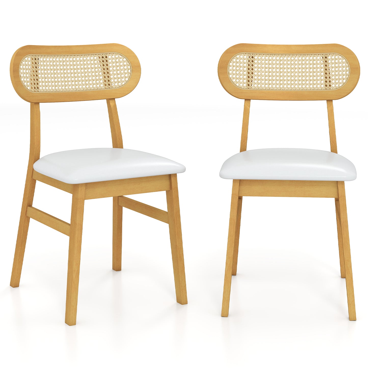 LIVSK Set van 2 Houten Eetkamerstoelen - Rubberhout - Gevoerde Zitting - Rattan Rugleuning - Luxe PU-kunstleer - Wit