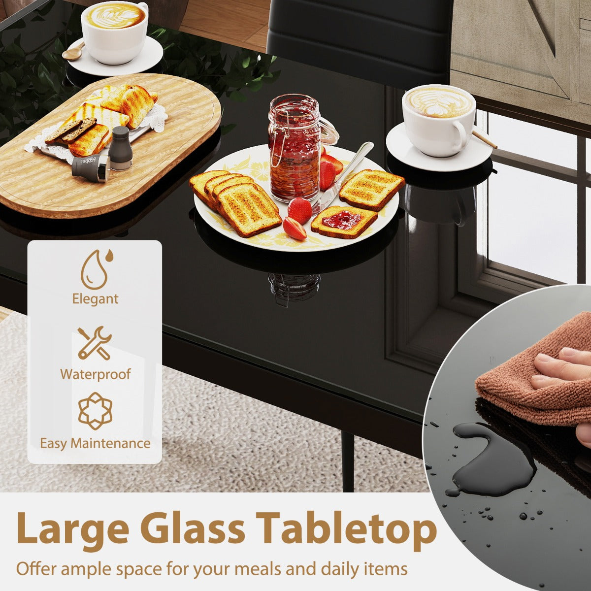 LIVSK Moderne Eettafel voor 4 Personen - Groot Glazen Tafelblad - Gepoedercoat Metaal - Eenvoudig Onderhoud - 120 x 70 x 75 cm -
