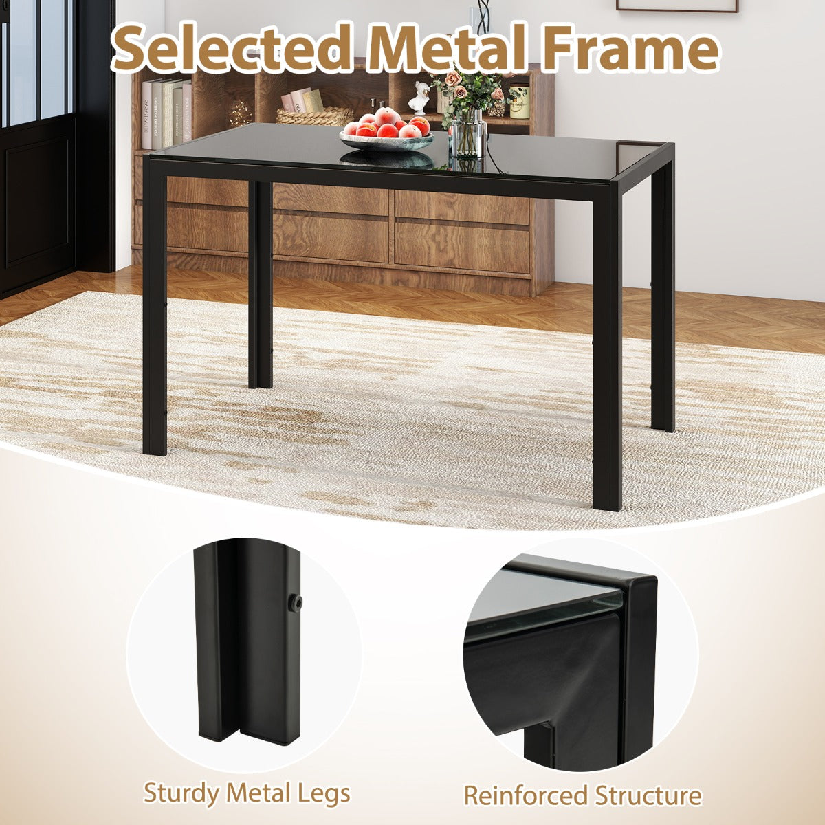 LIVSK Moderne Eettafel voor 4 Personen - Groot Glazen Tafelblad - Gepoedercoat Metaal - Eenvoudig Onderhoud - 120 x 70 x 75 cm -