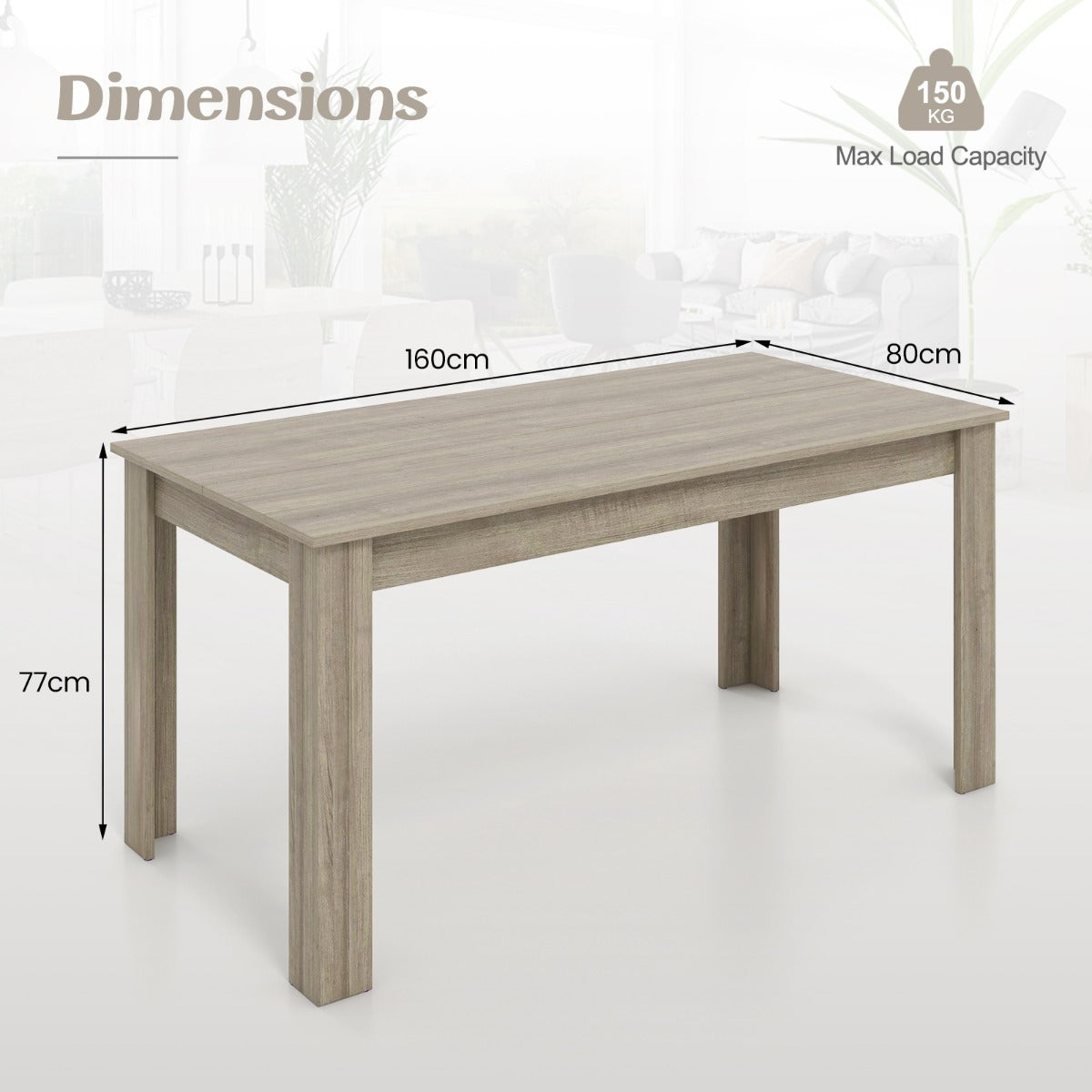 LIVSK Eettafel van Hout 160 x 80 x 77 cm - Voor 6-8 Personen - Stabiele L-vormige Poten - Multifunctioneel - Houtkleur