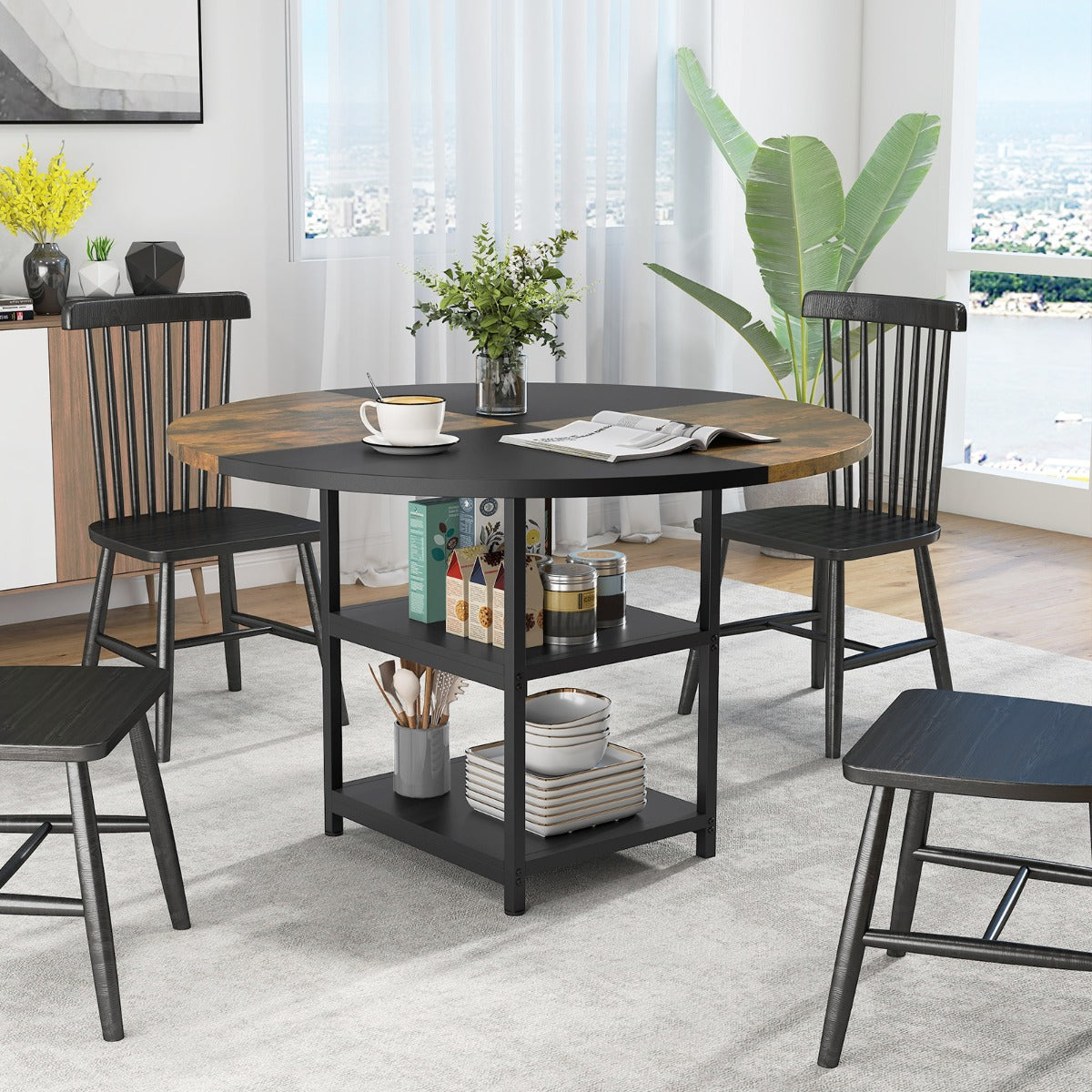 Livsk costway eettafel voor 4 6 personen ronde houten tafel diameter 119 cm grote keukentafel 6
