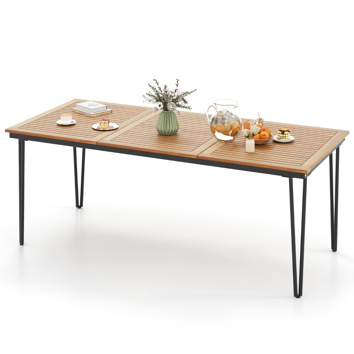 LIVSK Buiteneettafel voor 8 Personen - Massief Acaciahout met Parasolgat - Stevig Metalen Frame - 200 x 90 x 75 cm - Naturel +