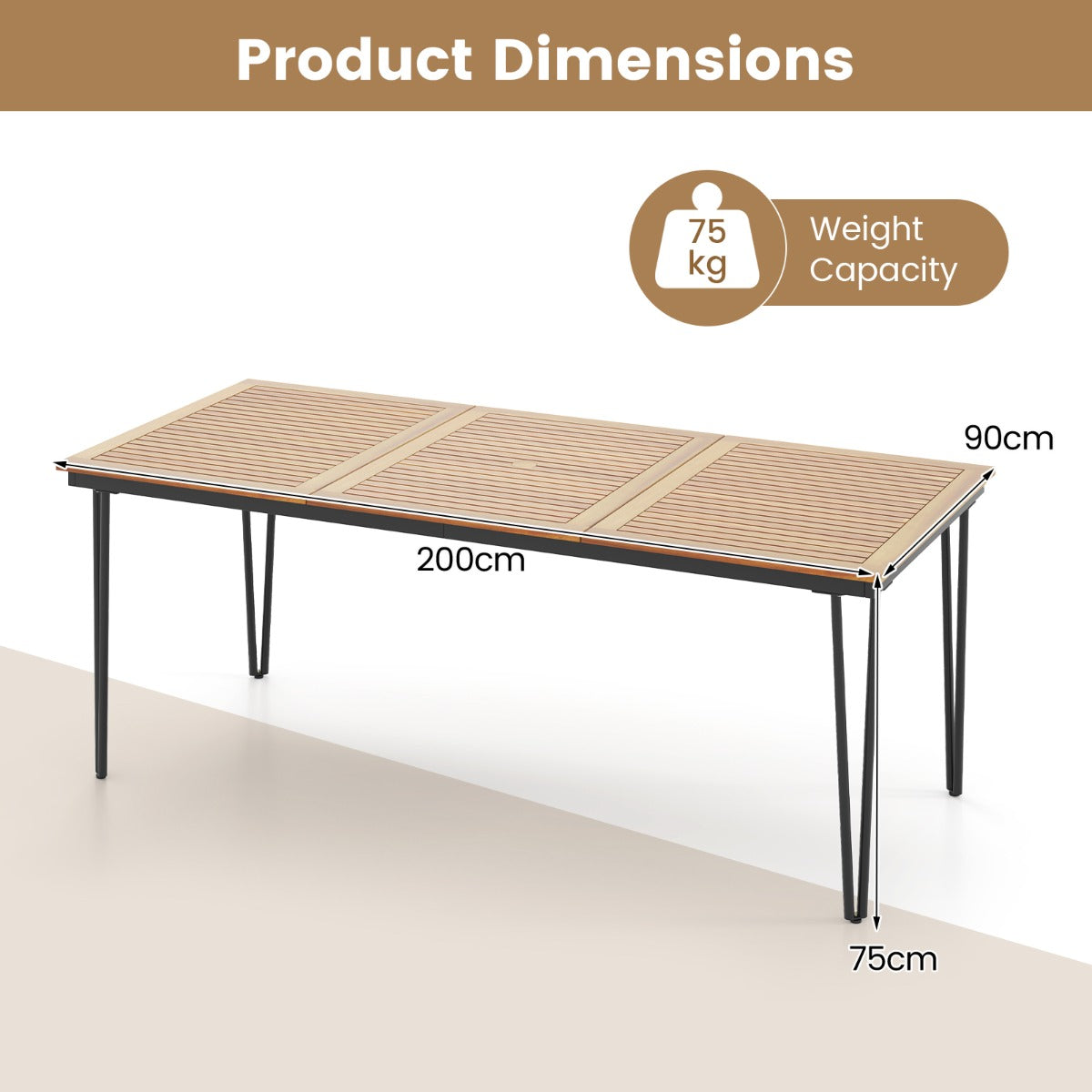 LIVSK Buiteneettafel voor 8 Personen - Massief Acaciahout met Parasolgat - Stevig Metalen Frame - 200 x 90 x 75 cm - Naturel +