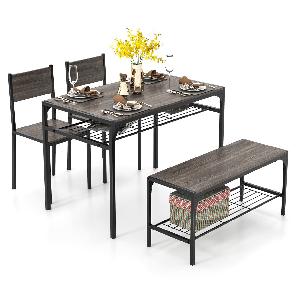 LIVSK Eetkamertafelset 4-Delig - Inclusief 2 Stoelen en Bank - Praktisch met Opbergruimte - Voor 4 Personen - Eik Grijs + Zwart