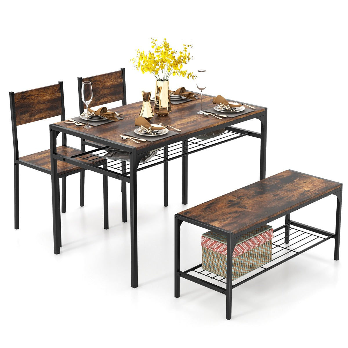 LIVSK 4-Delige Eetkamertafelset - Tafel, 2 Stoelen en Bank - Opbergrek - Stabiel Metaal - Voor 4 Personen - Rustiek bruin + Zwart