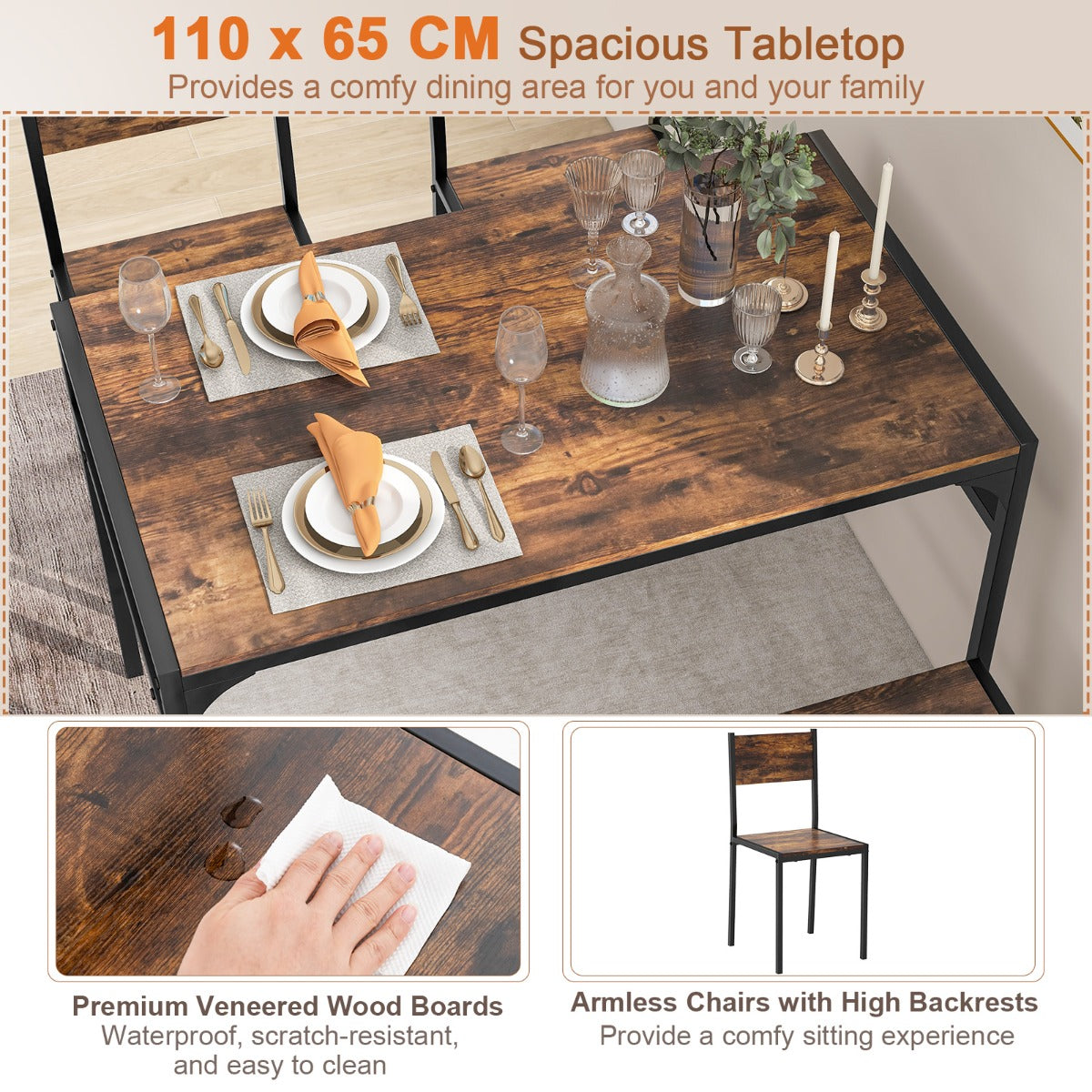 LIVSK 4-Delige Eetkamertafelset - Tafel, 2 Stoelen en Bank - Opbergrek - Stabiel Metaal - Voor 4 Personen - Rustiek bruin + Zwart