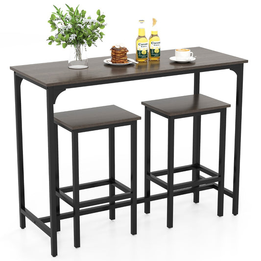 LIVSK 3-delige Bartafelset - Hoge Rechthoekige Tafel met 2 Krukken - Stevig Metaal - Ruimtebesparend - Rustieke Stijl - Grijs +