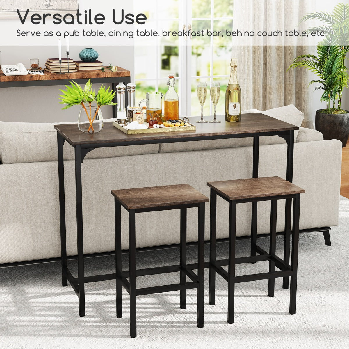 LIVSK 3-delige Bartafelset - Hoge Rechthoekige Tafel met 2 Krukken - Stevig Metaal - Ruimtebesparend - Rustieke Stijl - Grijs +