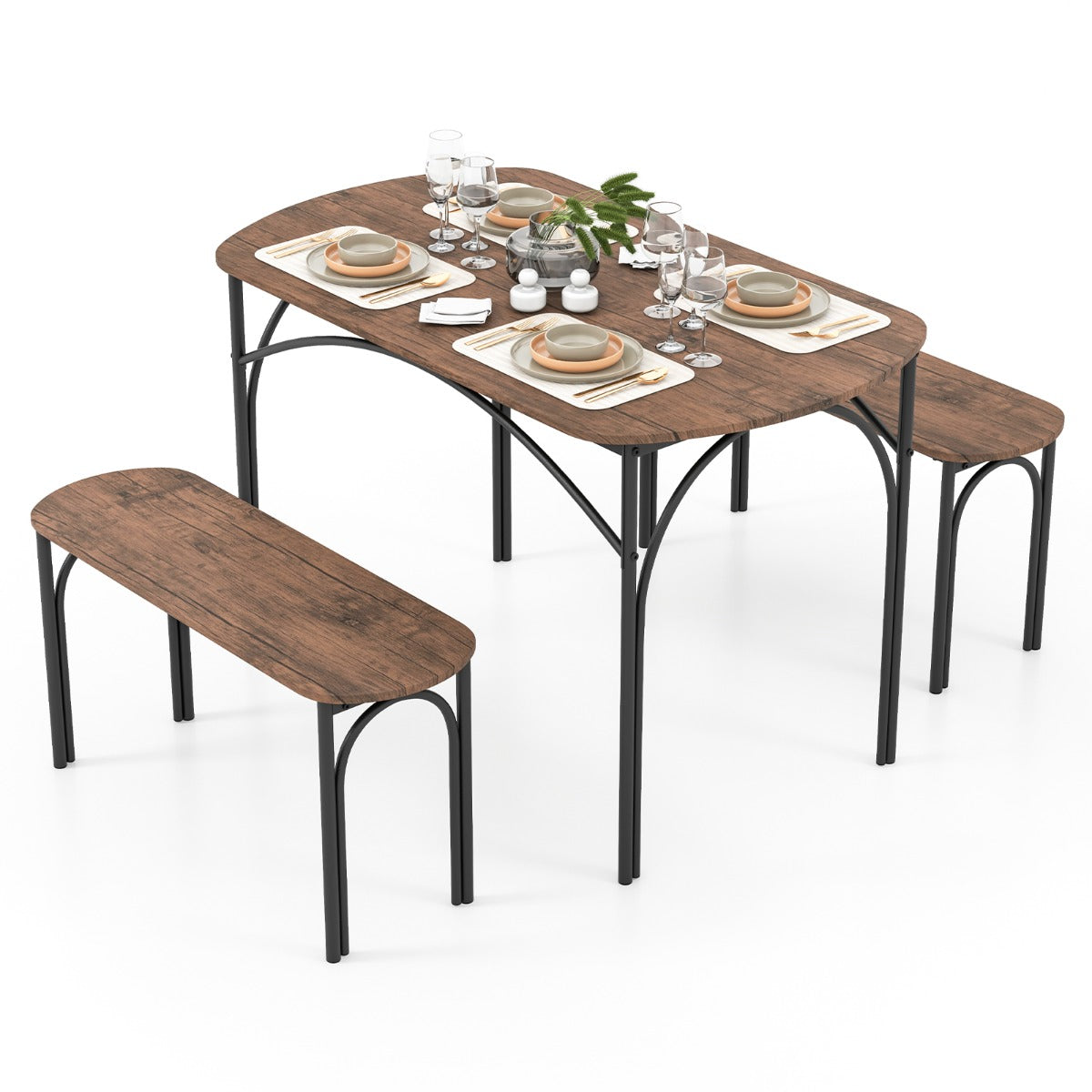 LIVSK 3-delige Eettafelset voor 4 Personen - Rechthoekige Tafel 120 x 70 x 76 cm - 2 Banken - Industriële Stijl - Bruin + Zwart