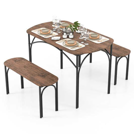 LIVSK 3-delige Eettafelset voor 4 Personen - Rechthoekige Tafel 120 x 70 x 76 cm - 2 Banken - Industriële Stijl - Bruin + Zwart