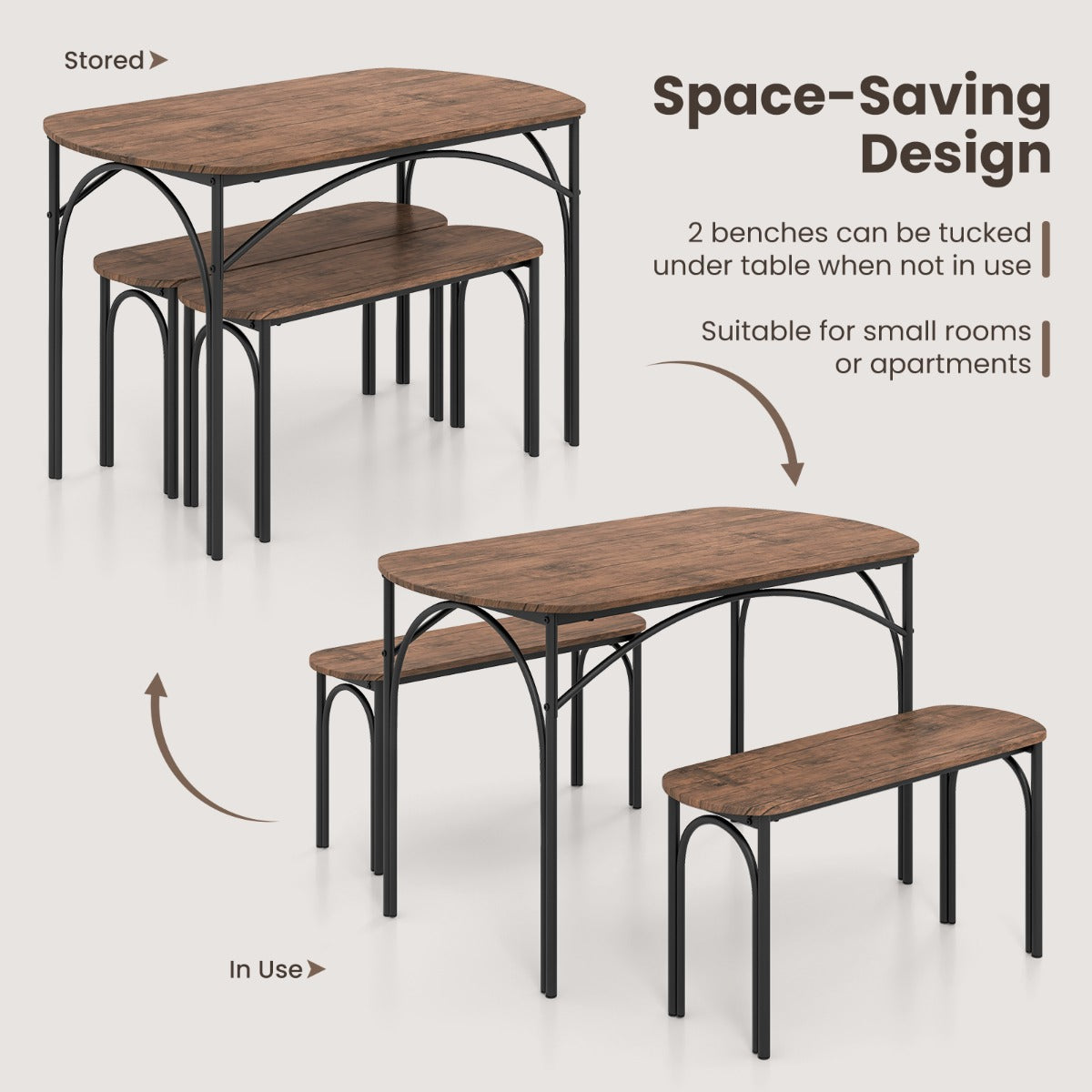 LIVSK 3-delige Eettafelset voor 4 Personen - Rechthoekige Tafel 120 x 70 x 76 cm - 2 Banken - Industriële Stijl - Bruin + Zwart