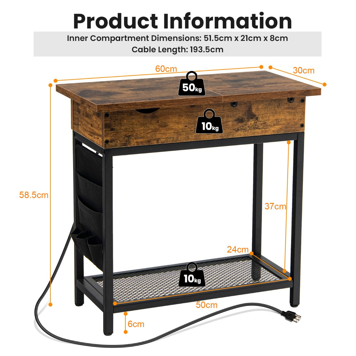 LIVSK Multifunctionele Bijzettafel met Oplaadstation - 1 Stopcontact en 2 USB-poorten - Ruime Opbergruimte - Stevige Constructie