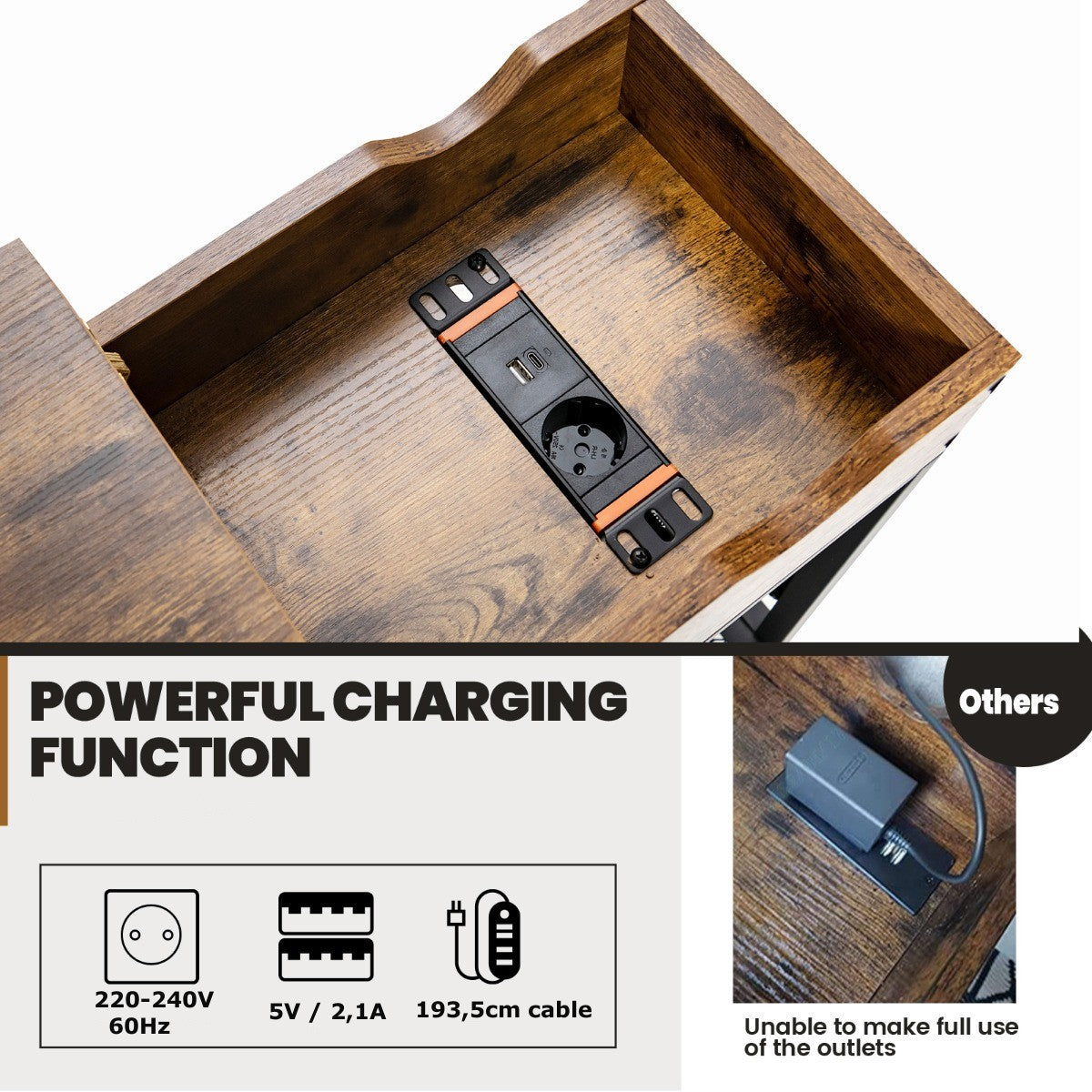 LIVSK Multifunctionele Bijzettafel met Oplaadstation - 1 Stopcontact en 2 USB-poorten - Ruime Opbergruimte - Stevige Constructie