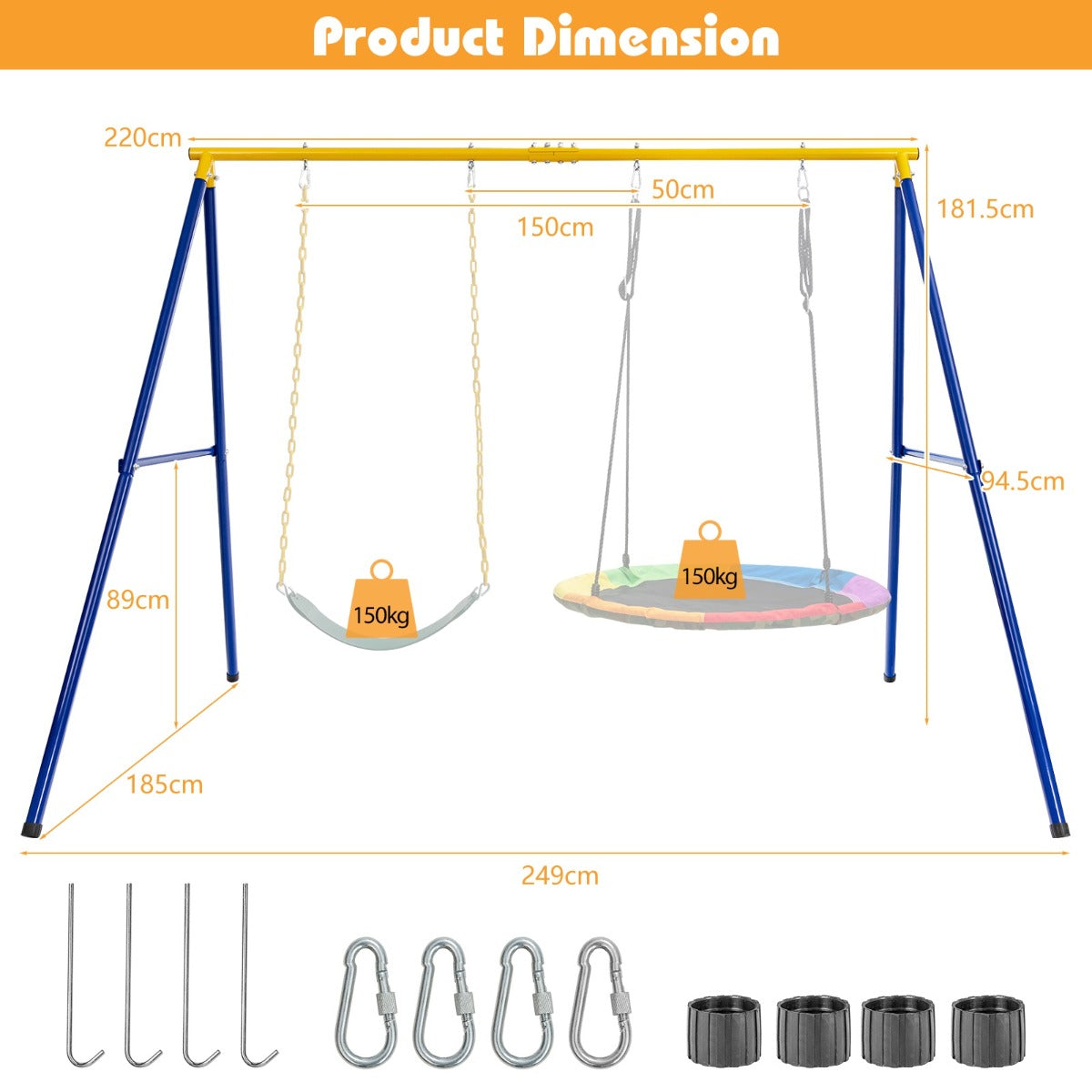Livsk costway elastische schommels voor buitenparken en schommels met slijtvaste bekleding voor kinderdagverblijven schommels voor twee personen van staal en kleurrijke schommels voor kinderdagverblijven 2