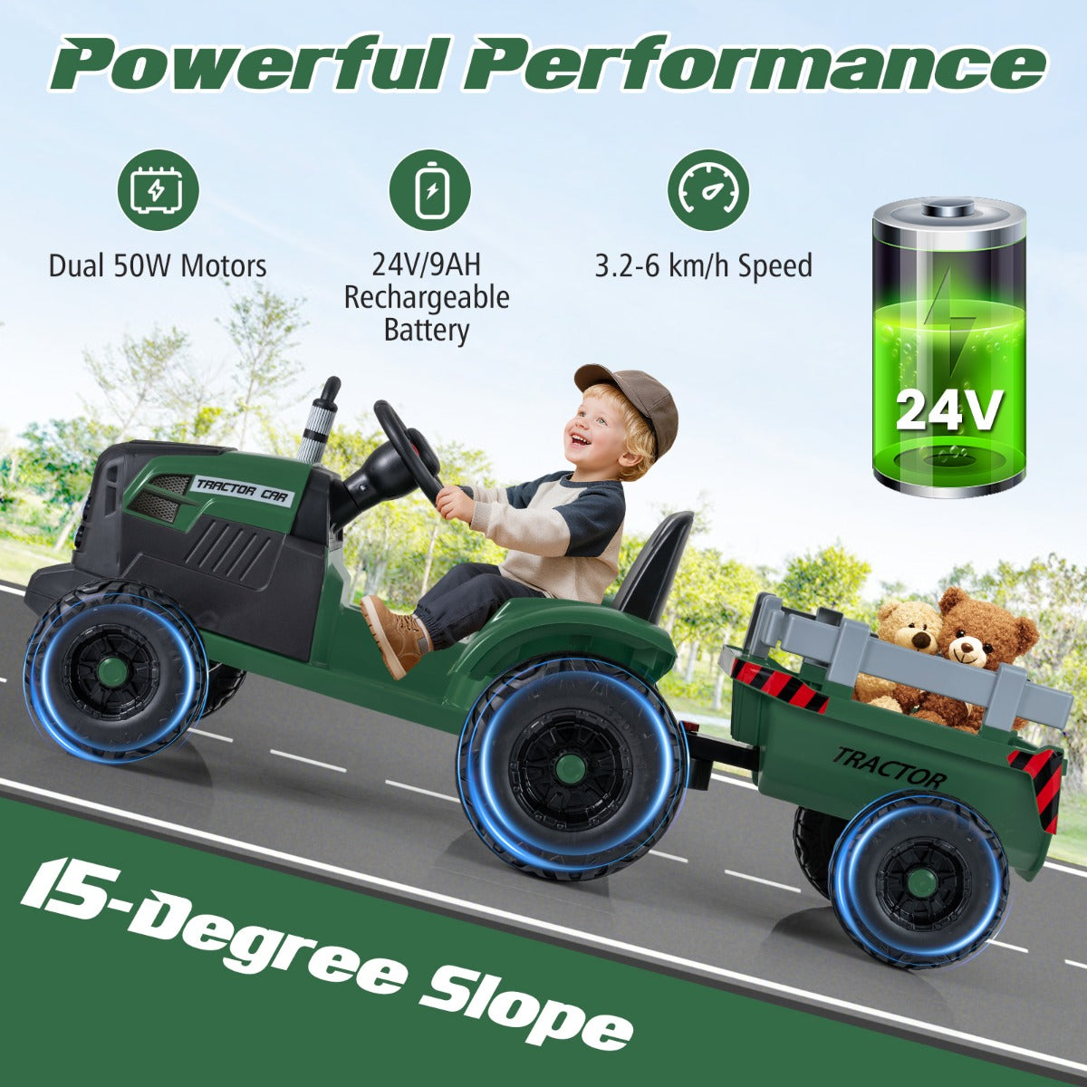 Livsk costway elektrisch kindervoertuig kindertractor met afneembare aanhanger donkergroen 2