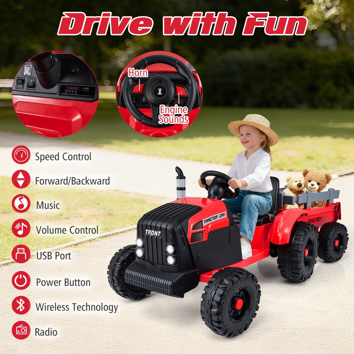Livsk costway elektrisch kindervoertuig kindertractor met afneembare aanhanger rood 2