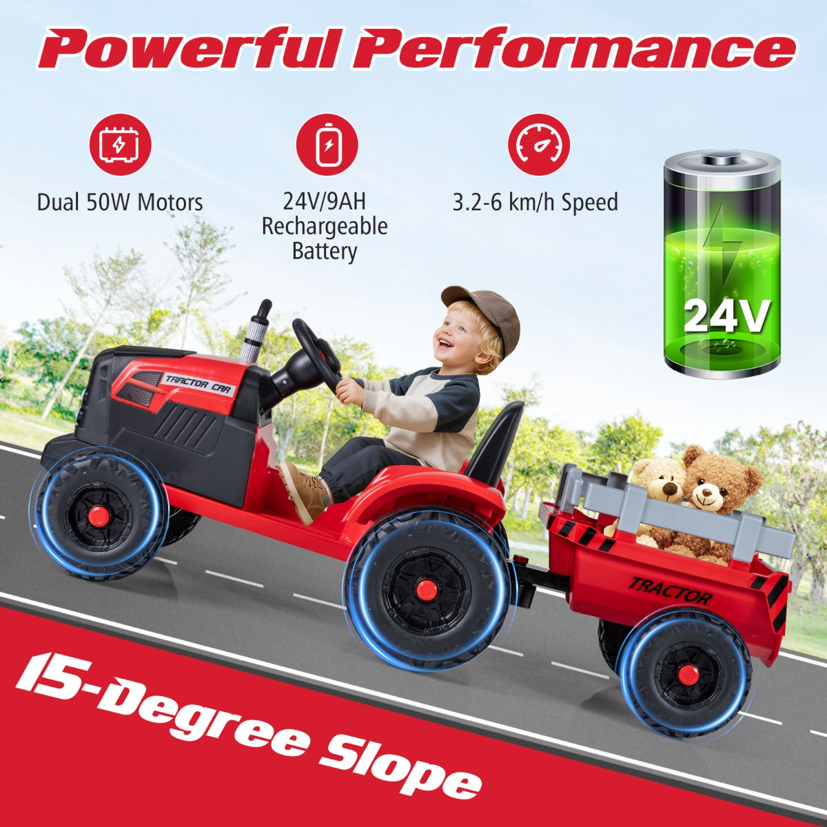 Livsk costway elektrisch kindervoertuig kindertractor met afneembare aanhanger rood 5