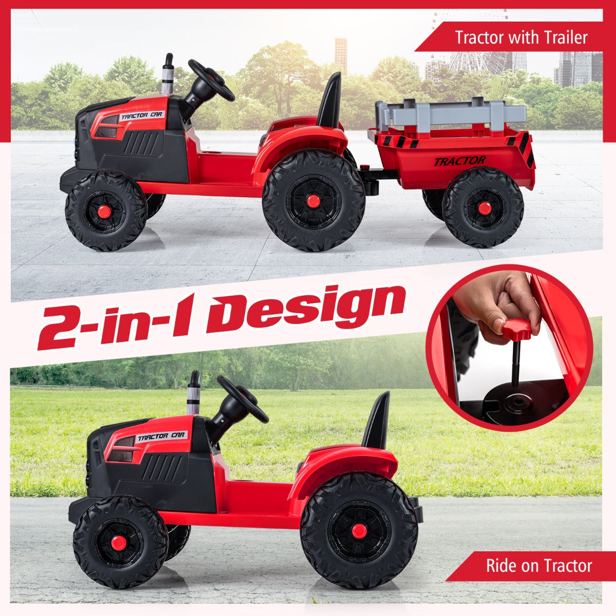 Livsk costway elektrisch kindervoertuig kindertractor met afneembare aanhanger rood 6