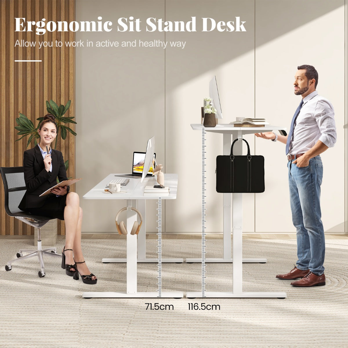 LIVSK Ergonomisch Zit-Sta Bureau - Hoogteverstelbaar 71,5-116,5 cm - 3 Geheugenhoogtes - Kabelmanagement - Wit