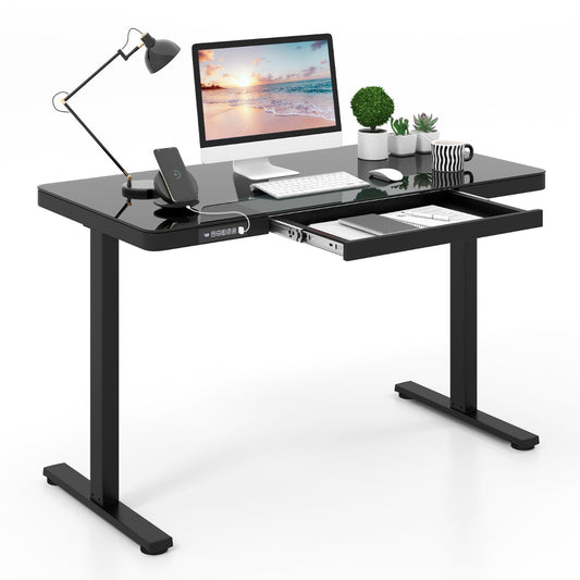LIVSK Elektrisch Zit-Sta Bureau - Gehard Glas Blad - Verstelbare Hoogte met Geheugenposities - USB/Type-C - Wit/Zwart