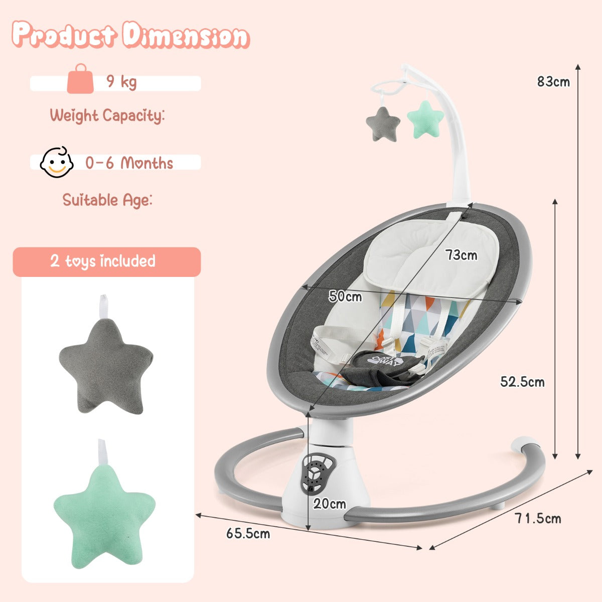 LIVSK Elektrische Babyschommel - 5 Schommelamplitudes - 12 Liedjes en 5 Natuurgeluiden - Afstandsbediening - 65,5 x 71,5 x 83 cm