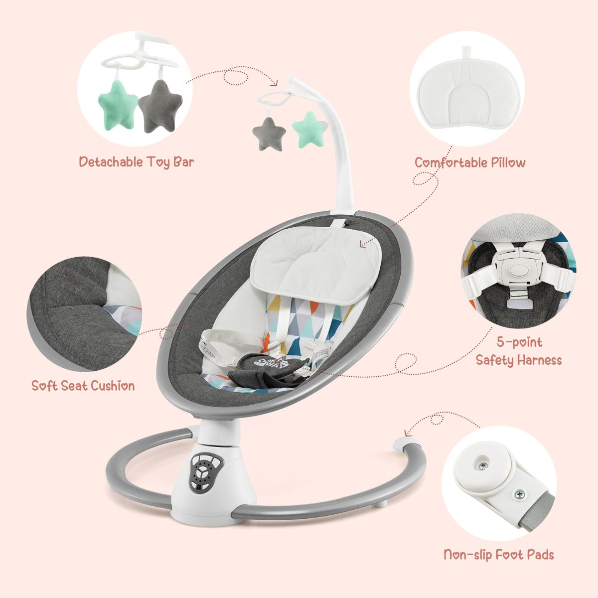 LIVSK Elektrische Babyschommel - 5 Schommelamplitudes - 12 Liedjes en 5 Natuurgeluiden - Afstandsbediening - 65,5 x 71,5 x 83 cm