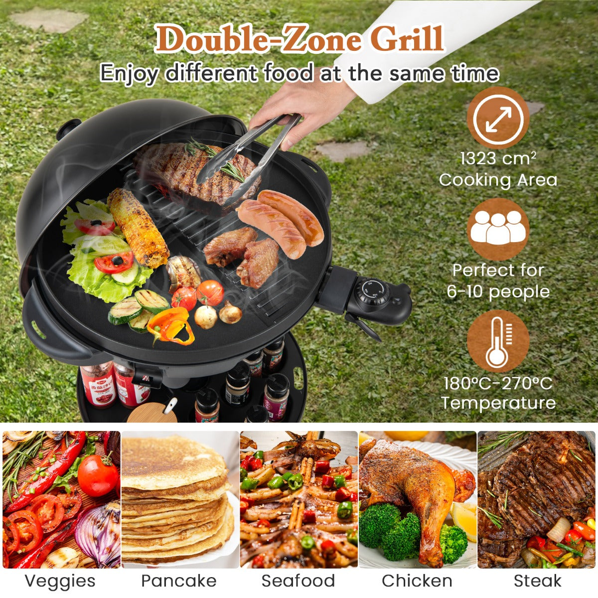 Livsk costway elektrische barbecue 2 in 1 tafelgrill staande grill met 2 zone grillplaat elektrische grill met kruidenrek en standaard anti aanbaklaag 3