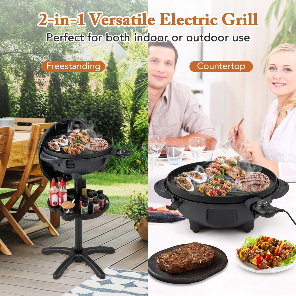 Livsk costway elektrische barbecue 2 in 1 tafelgrill staande grill met 2 zone grillplaat elektrische grill met kruidenrek en standaard anti aanbaklaag 5