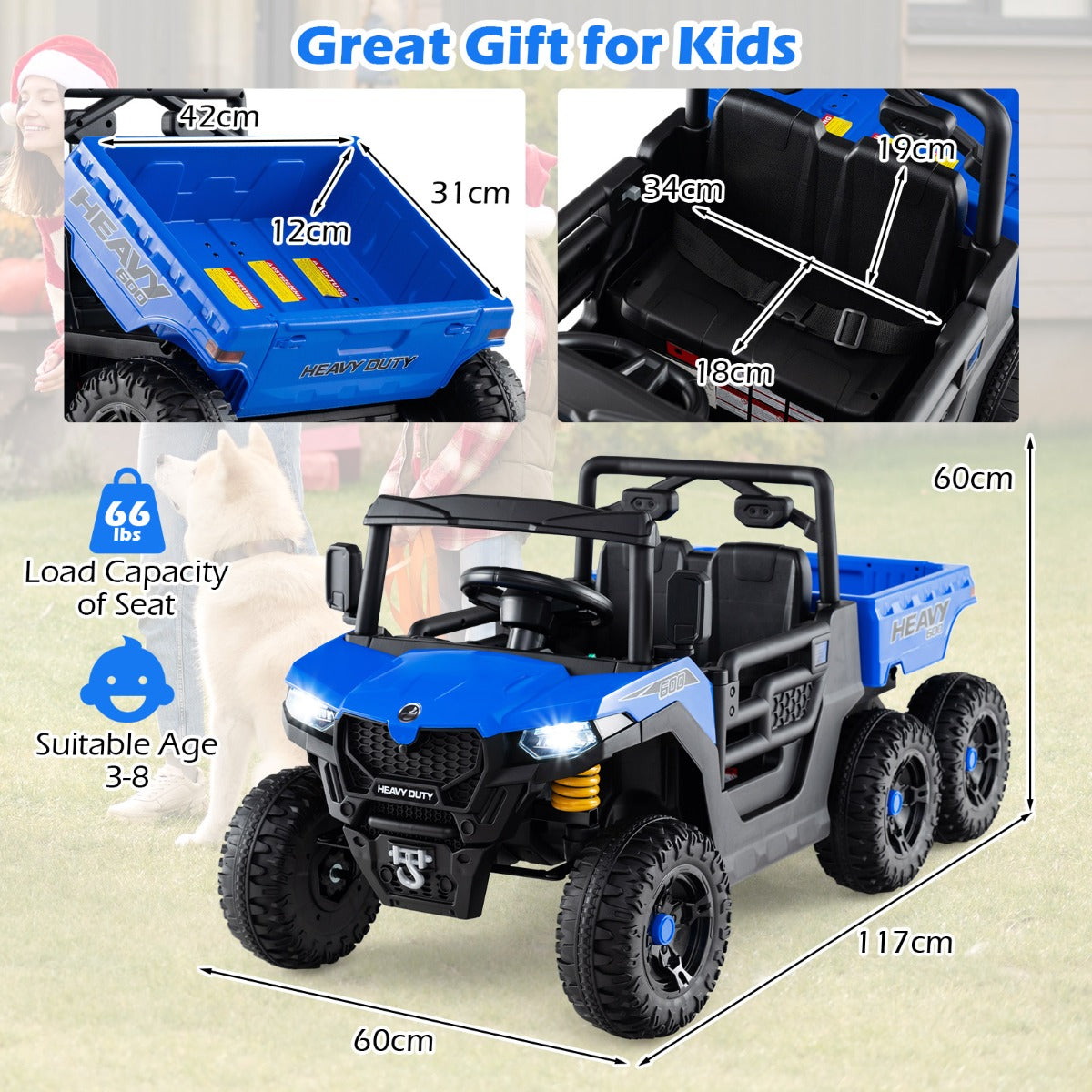 Livsk costway elektrische kiepwagen 24v elektrische auto met kiepbak afstandsbediening muziek verhalen marineblauw 2
