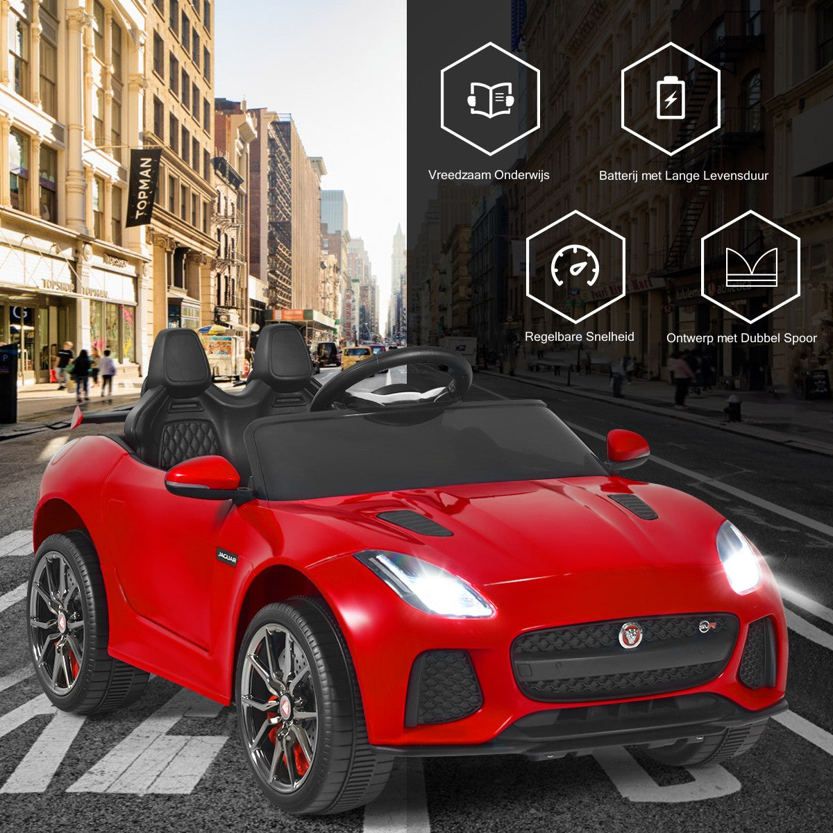 LIVSK Jaguar Kinderauto - Elektrisch met Afstandsbediening - Muziekfunctie - Veiligheidsriem - Tot 25 kg - Rood