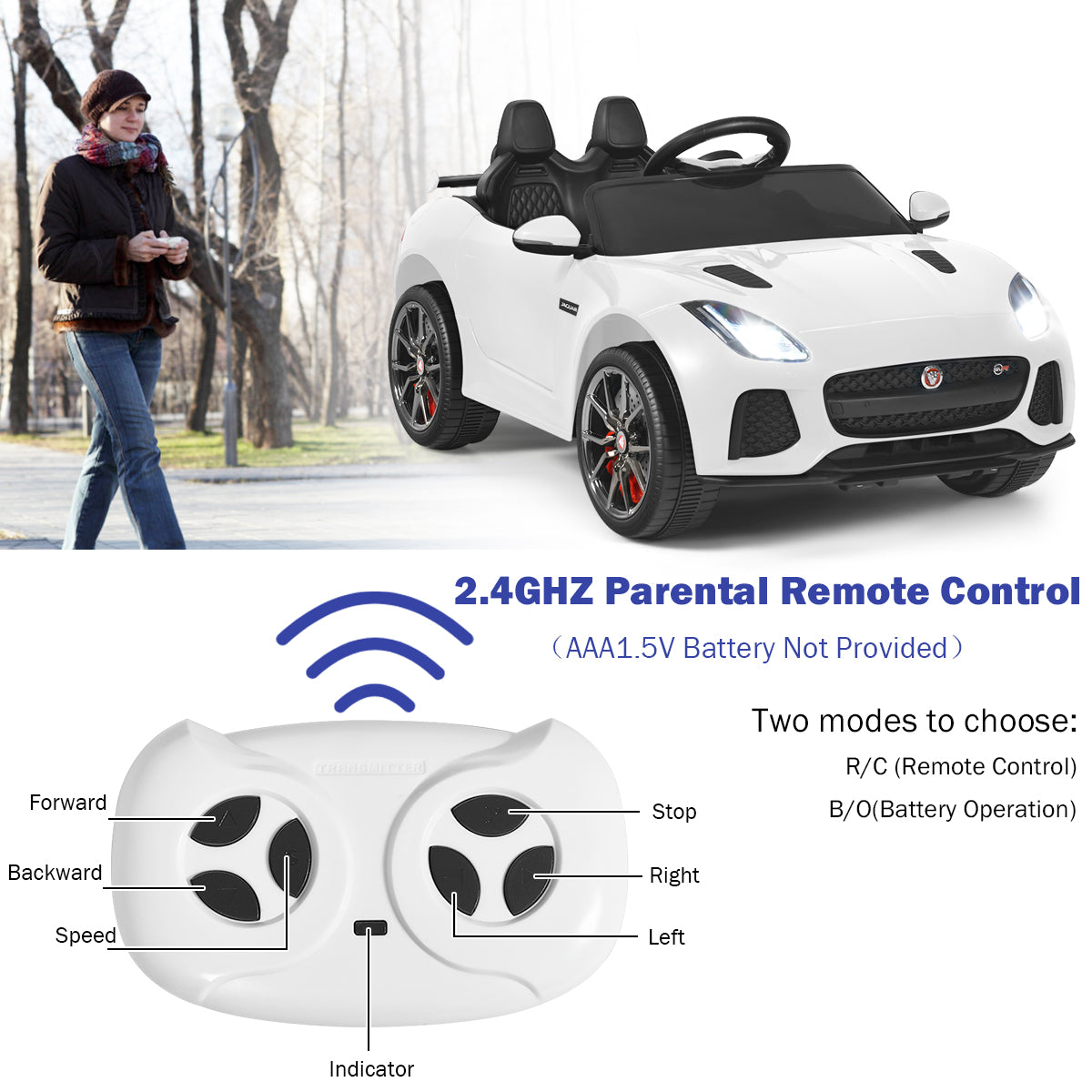 LIVSK Jaguar Kinderauto met Afstandsbediening - Realistisch Design - MP3/USB Aansluiting - Veiligheidsgordel - Wit