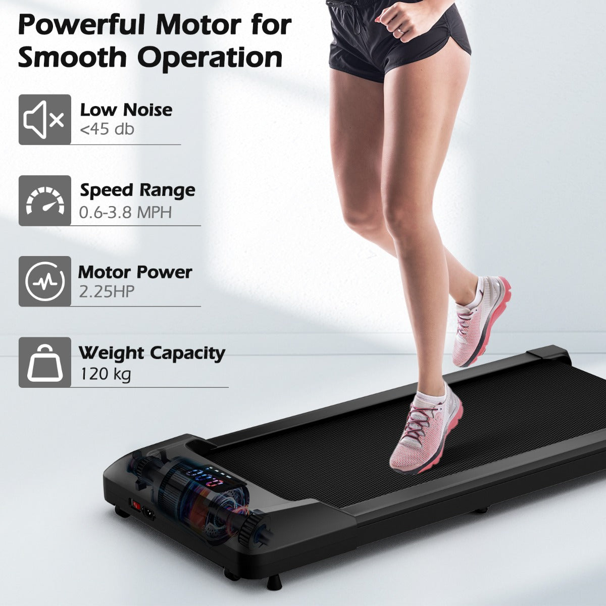 Livsk costway elektrische loopband 1 tot 6 km h met wielen 120 kg draagvermogen kantelbare loopband met afstandsbediening onder het bureau of bed zwart 4