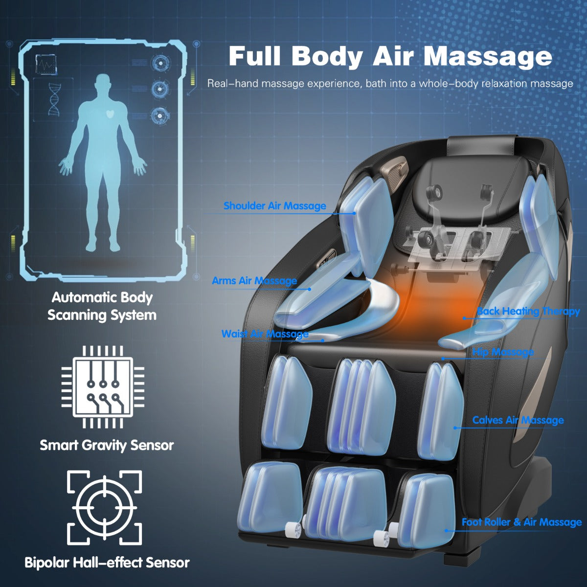 LIVSK Elektrische Massagestoel - Ergonomisch Design - Bluetooth - 12 Massageprogramma's - 32 Luchtkussens - Zwart