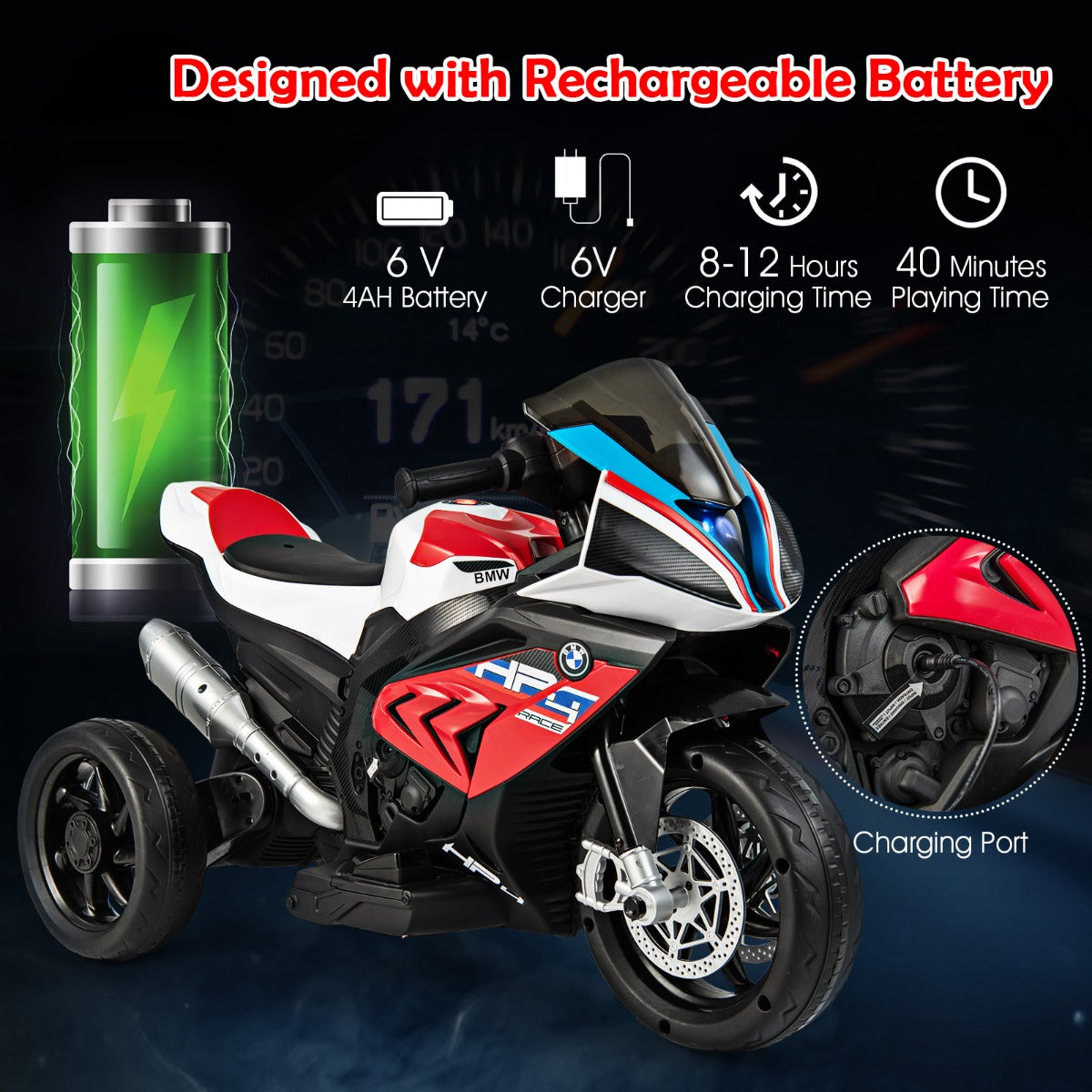 LIVSK Kindermotorfiets 6V - Driewieler met Muziek en USB - Vooruit/Achteruit - Veilig en Comfortabel - Tot 30 kg - Rood