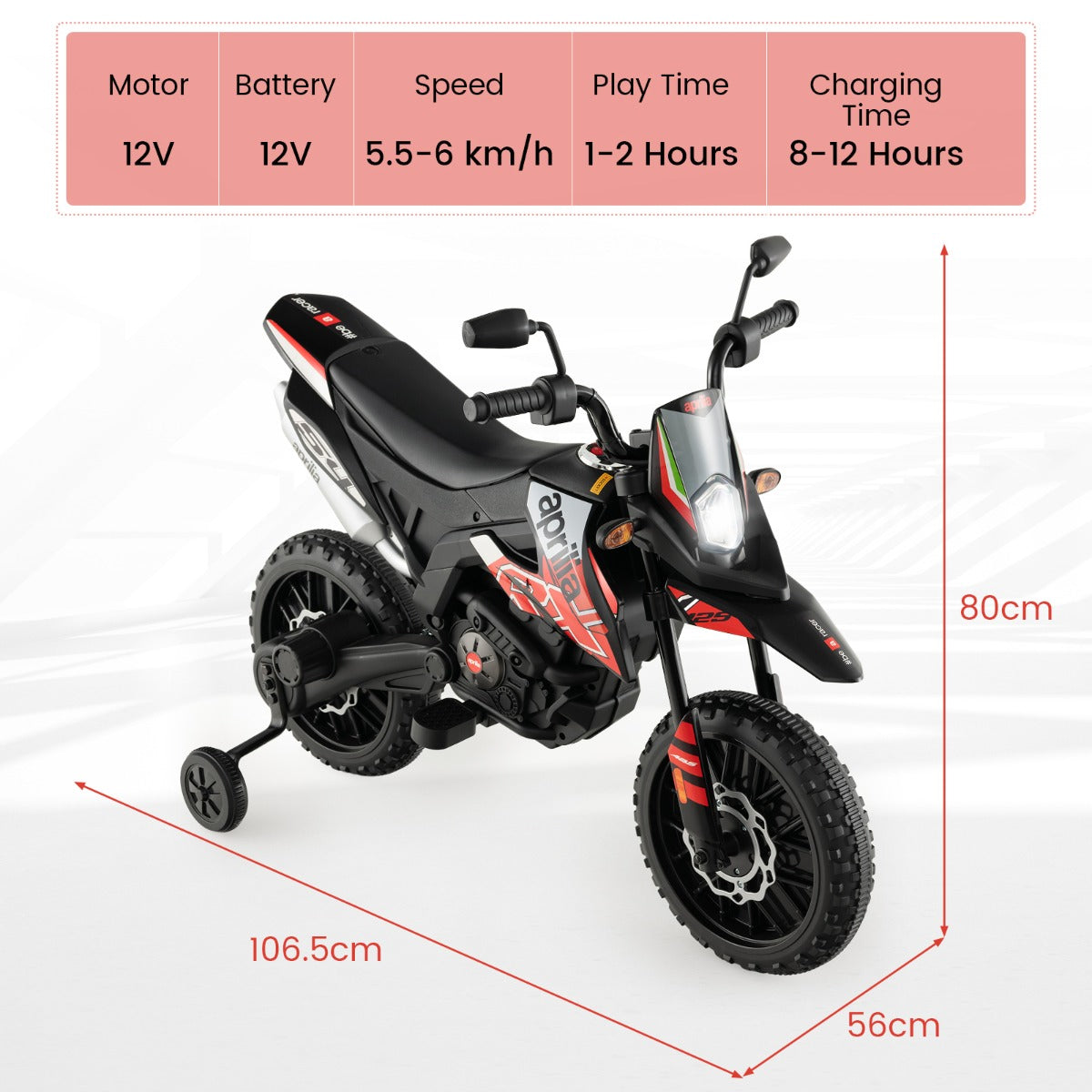 LIVSK Elektrische Motorfiets met Aprilia-licentie - 2 Motoren - Muziek en USB - Voor Kinderen 3-8 Jaar - Rood