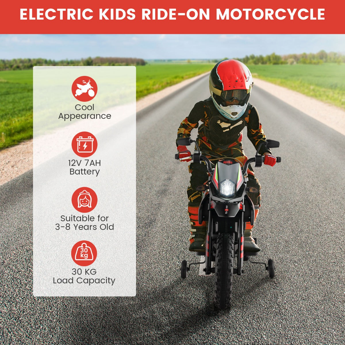 LIVSK Elektrische Motorfiets met Aprilia-licentie - 2 Motoren - Muziek en USB - Voor Kinderen 3-8 Jaar - Rood