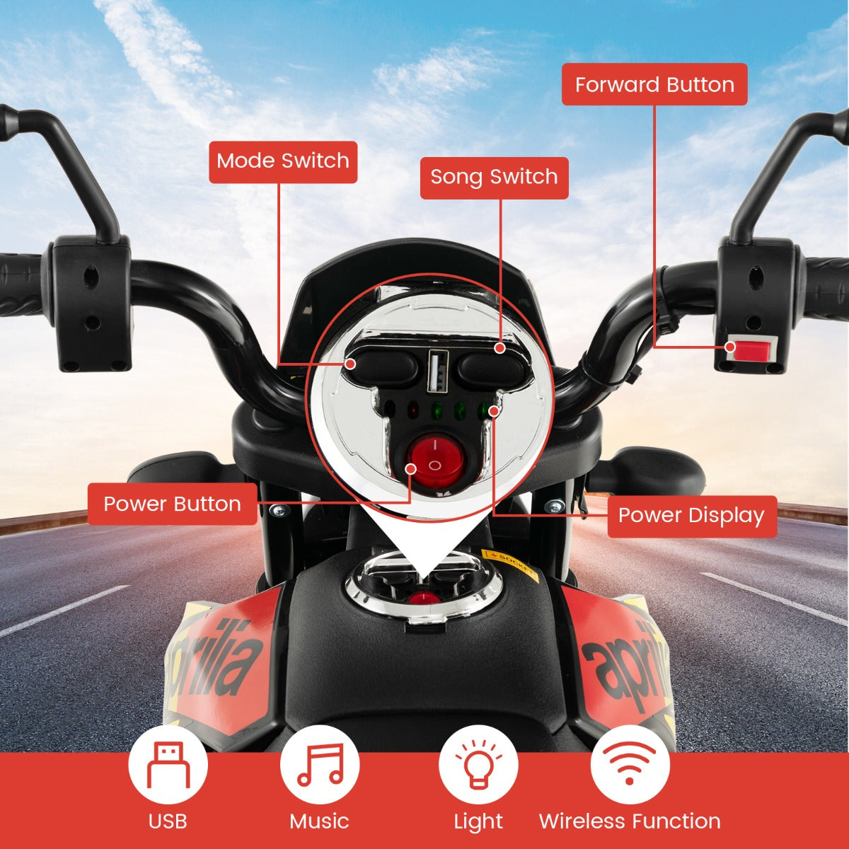 LIVSK Elektrische Motorfiets met Aprilia-licentie - 2 Motoren - Muziek en USB - Voor Kinderen 3-8 Jaar - Rood