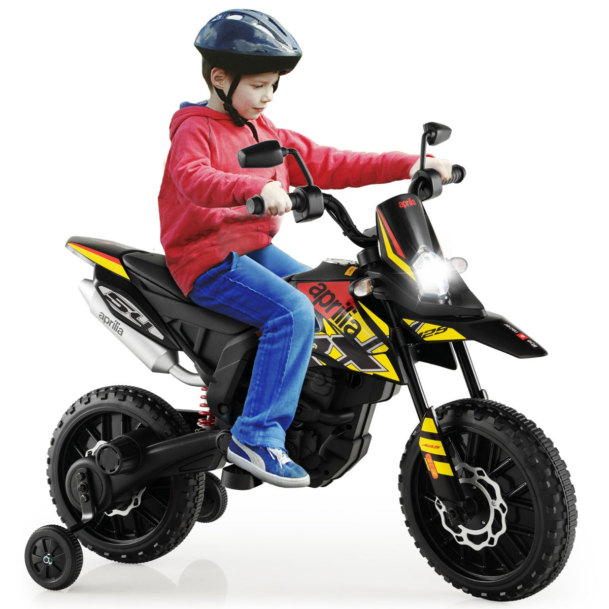 LIVSK Elektrische Motorfiets voor Kinderen - Aprilia-licentie - 12V - 2 Motoren - Veilig en Duurzaam - 106,5 x 56 x 80 cm - Zwart