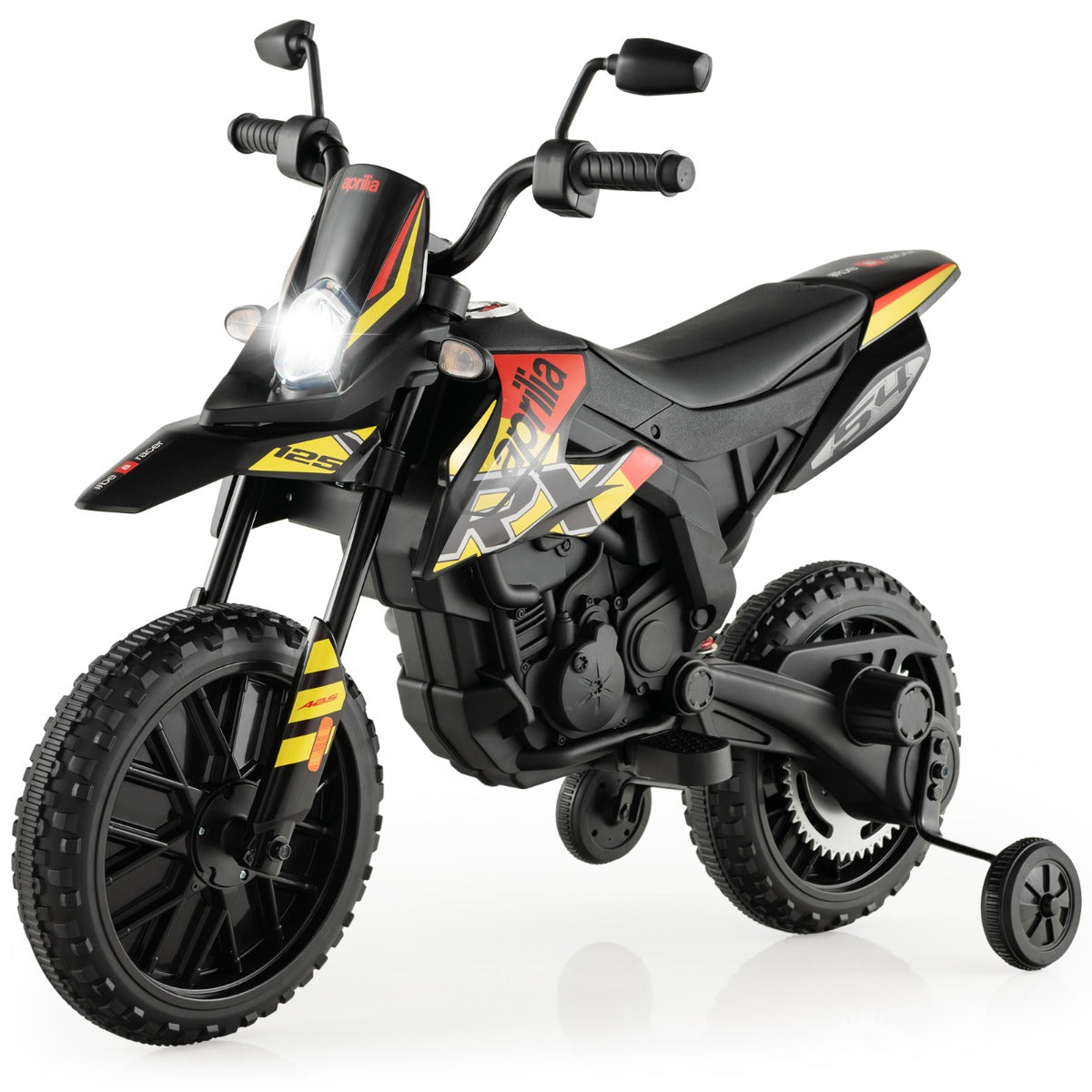 LIVSK Elektrische Motorfiets voor Kinderen - Aprilia-licentie - 12V - 2 Motoren - Veilig en Duurzaam - 106,5 x 56 x 80 cm - Zwart