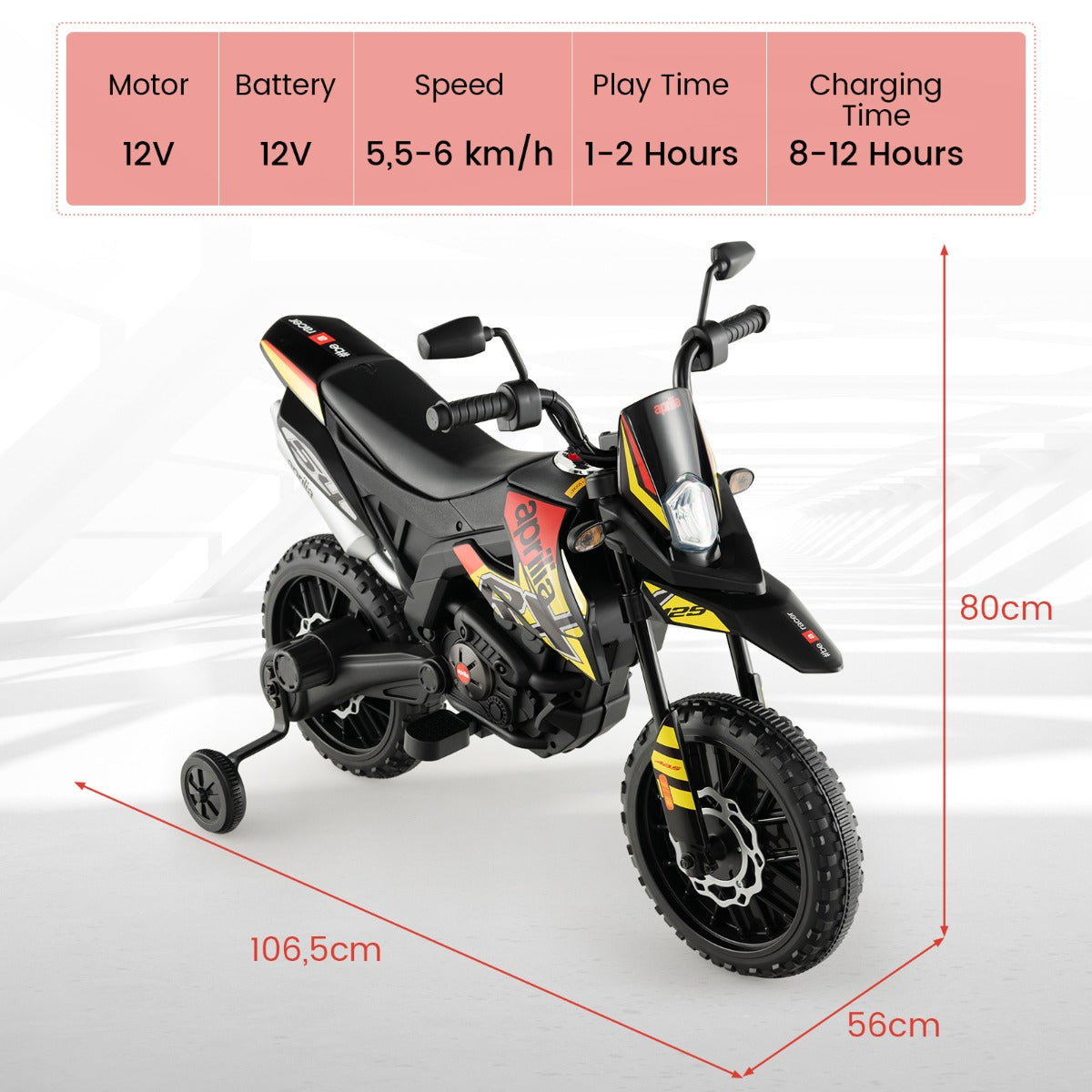 LIVSK Elektrische Motorfiets voor Kinderen - Aprilia-licentie - 12V - 2 Motoren - Veilig en Duurzaam - 106,5 x 56 x 80 cm - Zwart