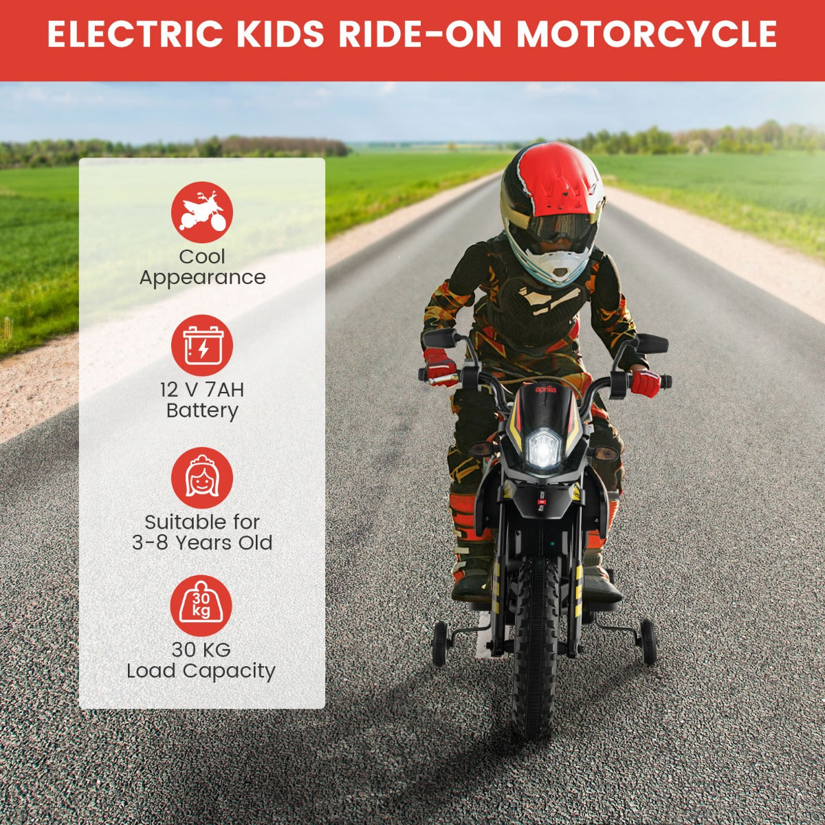LIVSK Elektrische Motorfiets voor Kinderen - Aprilia-licentie - 12V - 2 Motoren - Veilig en Duurzaam - 106,5 x 56 x 80 cm - Zwart