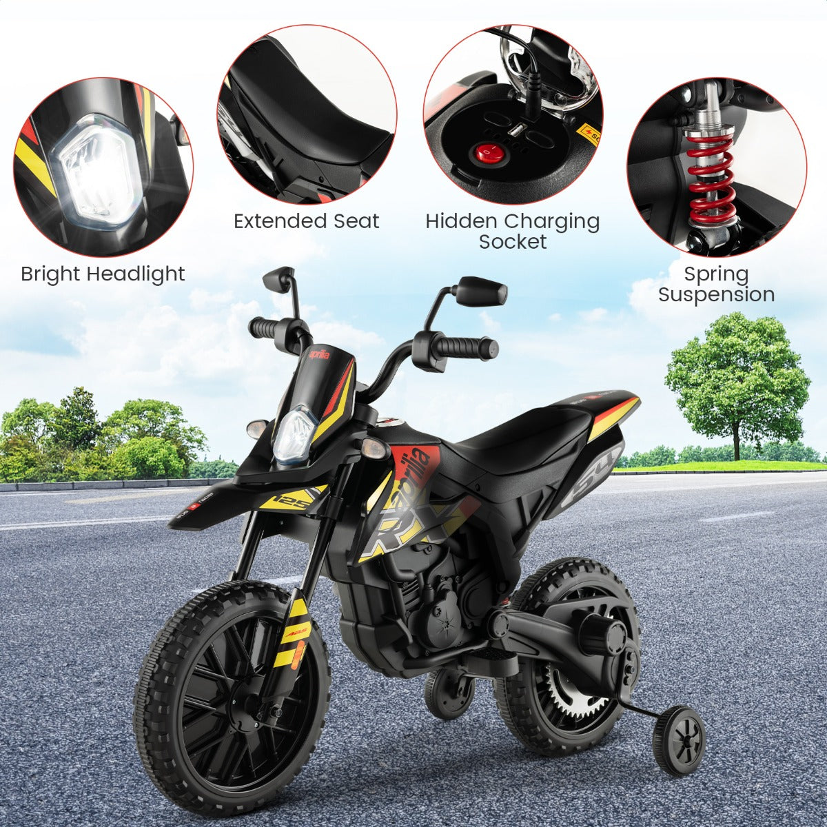 LIVSK Elektrische Motorfiets voor Kinderen - Aprilia-licentie - 12V - 2 Motoren - Veilig en Duurzaam - 106,5 x 56 x 80 cm - Zwart